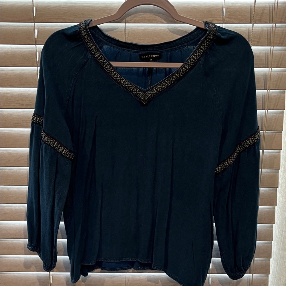 Style Envy Navy Blouse with Embellished Trim